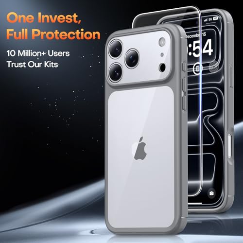 Image of TAURI for iPhone 17 Pro Max Case, with Screen Protector, Grey | Full Camera Protection, Anti-Yellowing Military-Grade Protection Shockproof Slim Phone Case for iPhone 17 ProMax