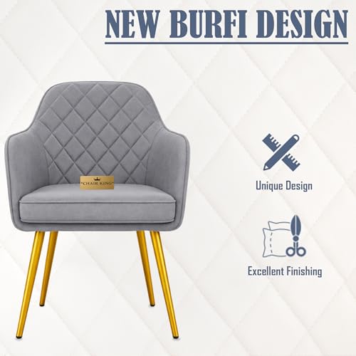 Image of Barfi Velvet Dining Chair | Set of 2 Premium Accent Chair with Armrest, Padded Seat and Metal Legs | Comfy Chair for Home, Office & Restaurents | (Light Grey with Puffy)