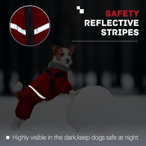 Image of BRKURLEG Small Dog Winter Coat with Harness Built in, Winter Jackets for Dogs, Fullbody Dog Coat, Dogs Snowsuits Reflective Windproof Cold Weather Coats, Pet Warm Fleece Coats, Red, L