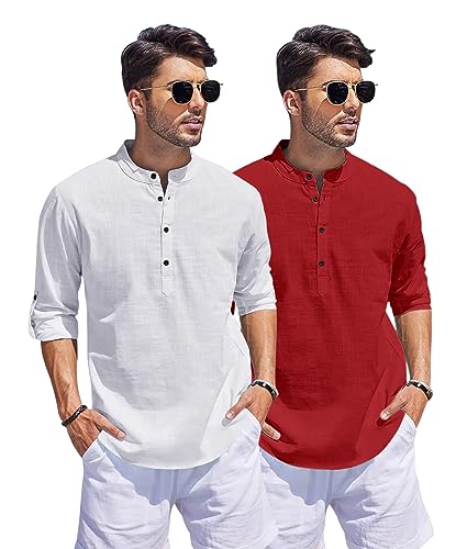 Image of Bellstone Men's Cotton Blend Straight Kurta Shirt Combo with Mandarin Collar - Slim Fit Casual Short Kurti Set Featuring Textured Slub Fabric and Roll-Up Full Sleeves