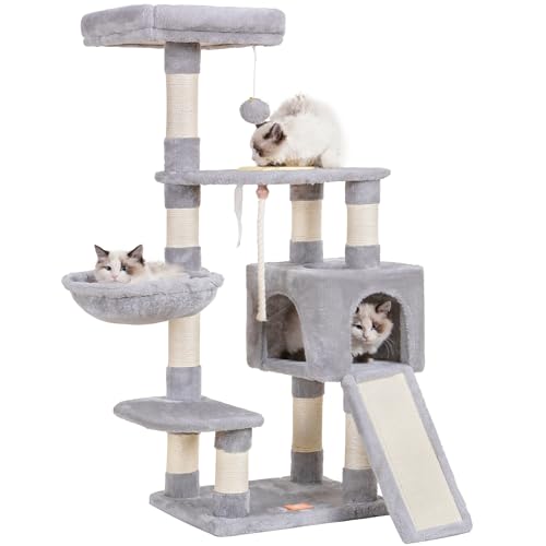 Image of Heybly Cat Tree, Cat Tower for Indoor Cats with Scratching Board, Multi-Level Cat Furniture Condo with Feeding Bowl Light Gray HCT010SW