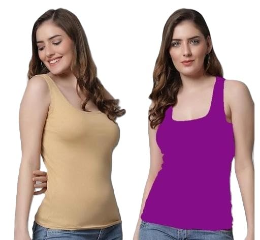 Women Cotton Camisole Pack of 2 Cream & Grey Sleeveless Spaghetti Tank Top Soft Comfortable Inner & Casual Top-image-13