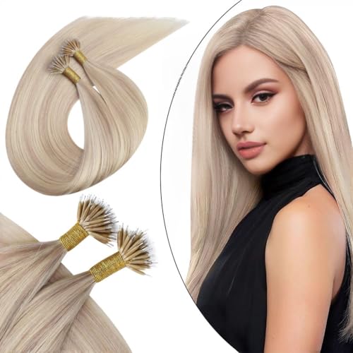 Ugeat Nano Ring Hair Extensions Real Human Hair Nano Hair Extensions Nano Beads Hair Extensions Nano Link Hair Extensions, 40s/pack - (24" #P18/613 Ash Blonde with Bleach Blonde)