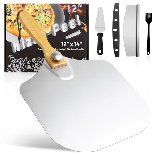 DYUEE Folding Pizza Peel Set of 4 - 12 Inch Aluminium Paddle with Spatula and Oil Brush for Homemade Bread and Pie