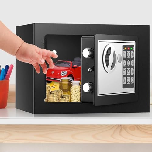 Mini Safe Tresor für Zuhause, Digitaler Tresor mit Ersatzschlüssel, Abnehmbarem Regal und Alarmanlage, Wandtresor mit Zahlenschloss für Bargeld Wichtiger Dokumente