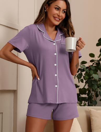 Image of ZMJ Pajamas for Women Set 2 Piece Pj Short Sets Bride Sleepwear Button Up Violet XL