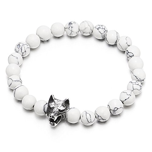 COOLSTEELANDBEYOND Mens 8MM White Gem Stones Bracelet with Stainless Steel Wolf Head Charm, Stretchable