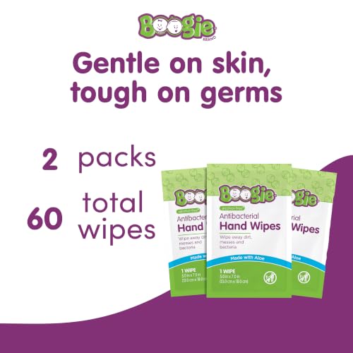 Image of Boogie Antibacterial Hand Wipes - 60 Count - Hypoallergenic & Alcohol-Free - Individually Wrapped - Travel and Diaper Bag Essential
