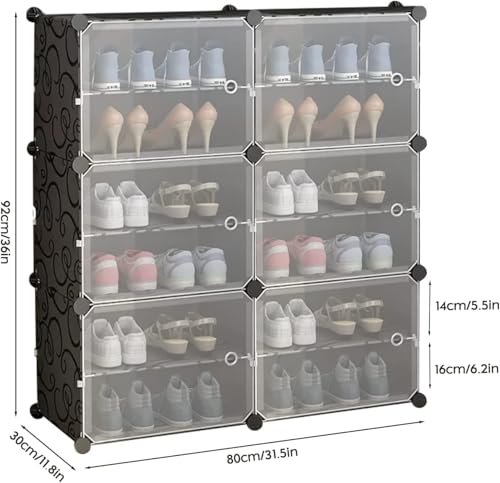 Image of Zemic 12-Shelf DIY Plastic Shoe Rack with 6 Doors, Modern Style, Black, Heavy Duty, Waterproof, Adjustable, Portable