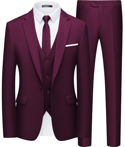 Image of WULFUL Men's Slim Fit Suit One Button 3-Piece Blazer Dress Business Wedding Party Jacket Vest & Pant
