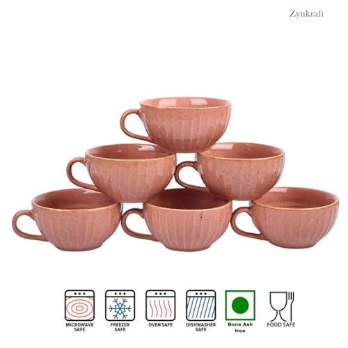 Image of Premium Pink Ceramic Tea Cup Set of 4 | Handmade Stoneware Coffee & Tea Mugs | 220 ml Each | Microwave, Dishwasher Safe | Textured Design | Chai Cups for Home, Office & Gifting