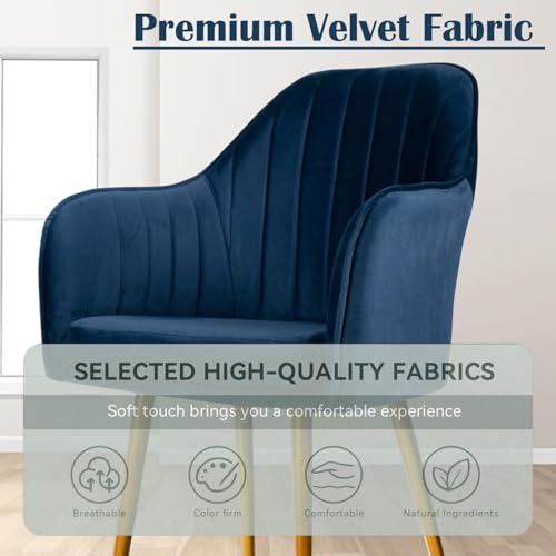 Image of Velvet Accent Chair | Luxury Upholstered Armchair with Sturdy Metal Legs | Modern Comfortable Chair for Living Room, Bedroom, Office, or Cafe (Golden Legs, Blue Set of 2)