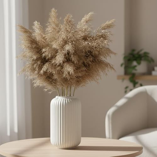 Image of PUREZENTO White Ribbed Texture Ceramic Vase - 6 Inch | Vases for Centerpiece Home Decor, Living Room & Bedroom | Vase for Pampas Grass, Dried & Artificial Flowers