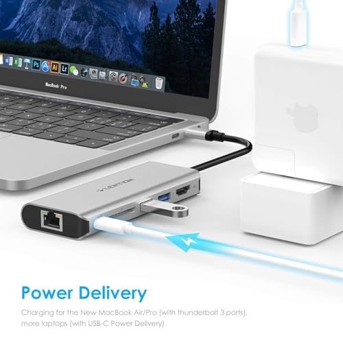 6-in-1 Hub USB C a HDMI 4K, Ethernet 1000M, 2 USB 3.0, PD 60W Ricarica di Tipo C, Lettore di Schede SD, Adattatore per 2024-2016 MacBook Pro, Nuovo Mac Air, iPhone 15 Plus Pro Max (C68) - Hub USB - Immagine 1