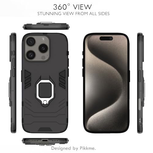Image of Pikkme D5 Tough Armor Back Cover | 360 Protection Case | Ring Holder Stand Bumper Case for iPhone 16 Pro Max (Black)