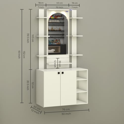 Image of Anikaa Venza Engineered Wood Dressing Table with Wall Mounted Mirror & LED Lights Open Shelf | Makeup Vanity Storage Cabinet with Soft Closed Hinge Door for Bedroom -(White) DIY Installation