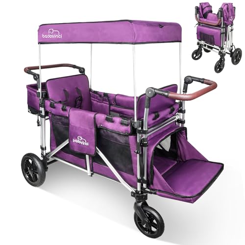 Image of Badovinci Stroller Wagon for 2 Kids, Cart Featuring 2 High Seat with 5-Point Harnesses and Adjustable Canopy, Foldable Push-Pull Rod Wagon Stroller for Garden, Stroller, Camping, Grocery Cart