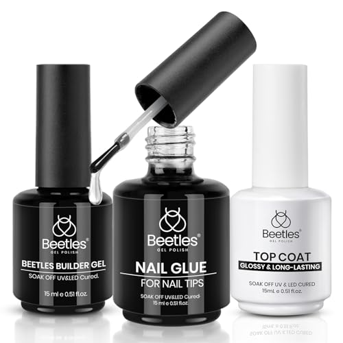 Beetles Gel Nail Glue Kit, 15ml Nail Glue Builder & Extra Glossy Top Coat Gel Nail Polish 3 Pcs Soak Off UV Kit for Long-Lasting Shine, Manicure Nail Art Design Diy at Home Gifts for Women