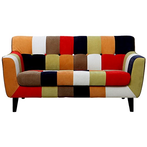 モダンデコ ソファー 2人掛け 【保証1年間】 パッチワーク カフェ風 北欧 モダン (オレンジマルチ)