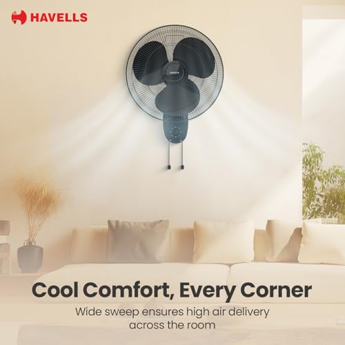 Image of Havells Gatik Pro 400mm Wall Mount Fan|RPM: 1350|Double string for Speed & Oscillation control | Thermal Overloaded Protected Motor | 100% Copper Wire Winding Motor | 2 Year Warranty,230 Volts(Black)