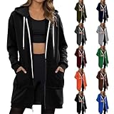 Uwdiohq Damen Lange Kapuzenpullover mit Reißverschluss Hoodie Jacke Autumn Winter Sweatjacke Oversize Fleece Einfarbig Sweatshirt Mit Kapuze Langarm Mantel Warm Cardigan mit Taschen(Schwarz,3XL)