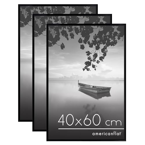 Americanflat Marco de Fotos de 40x60 cm en Negro - 3 Unidades - Marco para Póster de 40x60 cm con Finos Bordes, Plexiglás y Accesorios para Colgar Horizontal y Vertical