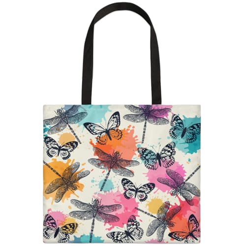 Mularoka Watercolor Dragonfly Butterfly Silhouettes Square Canvas Tote Bag Top Handle Purses Stylish Women Canvas Shoulder Tote Bags Reusable Handbags for Work Travel Picnic Beach Shopping Gym Hiking