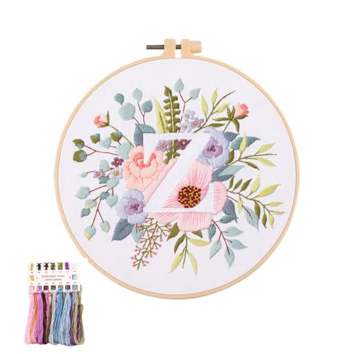 Image of artcici Embroidery Kits Plant Flower Leaf English Letter Patterns for Beginners Adults, Full Range Embroidery Starter Kits Cross Stitch Needlework Supplies (Letter Z)