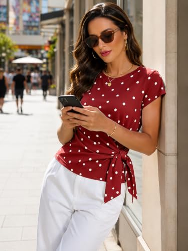 Image of HOTIAN Womens Cap Sleeve T Shirts 2026 Tie Waist Wrap Tops Crew Neck Blouses Dressy Casual Loose Work Business Dressy
