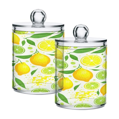 Haskirky 2 Pack Yellow Lemons Qtip Holder Dispenser,Clear Plastic Apothecary Jars with Lids Home Decor Kitchen Storage Jar for Cotton Ball, Cotton Swab,Floss,10 OZ