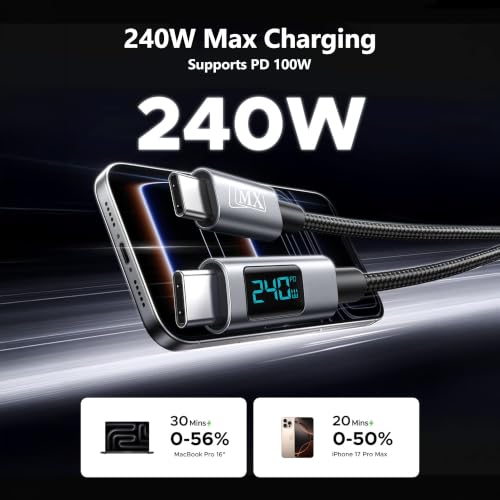 Image of MX 240W Type C to Type C Fast Charging Cable with LED Display | Nylon Braided Tangle Free Fast Charging & Data Cable, 5A, 480Mbps for MacBook, Laptop, iPad & Phone, 2Mtr