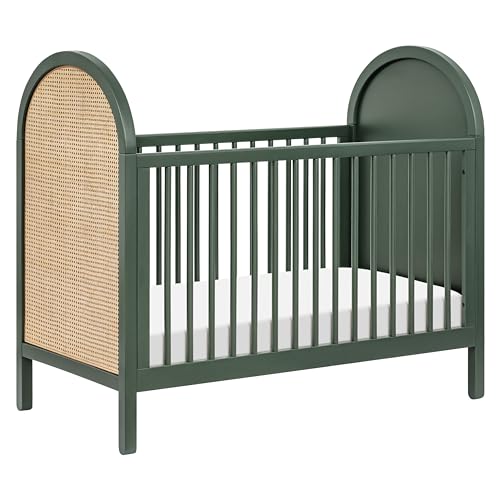 babyletto Bondi Cane 3-in-1 Convertible Crib with Toddler Bed Conversion Kit in Forest Green with Natural Cane, Greenguard Gold Certified