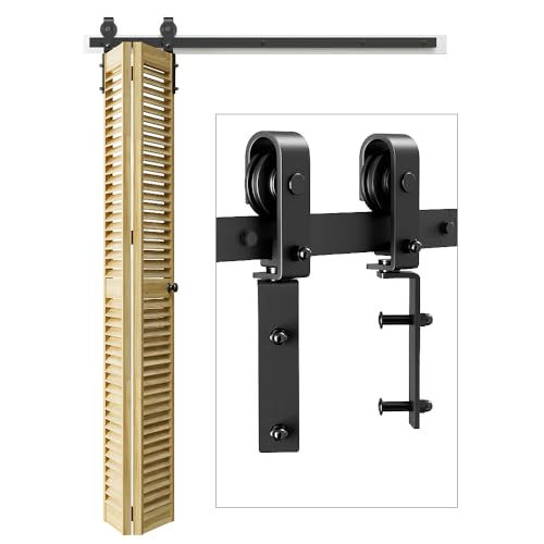 153cm/5FT Rail Porte Coulissante Pliante Kit Roulette Suspendue Systeme Noir pour 2 Porte Coulissante Interieur 74cm Large