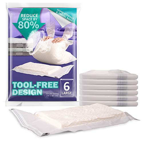 VELMADE Vacuum Storage Bags 6 Pack Space Saver Compression Bags for Clothes Blankets Duvets Pillows Comforters,Pump-Free Exhaust(6Pcs 22X31.5In)