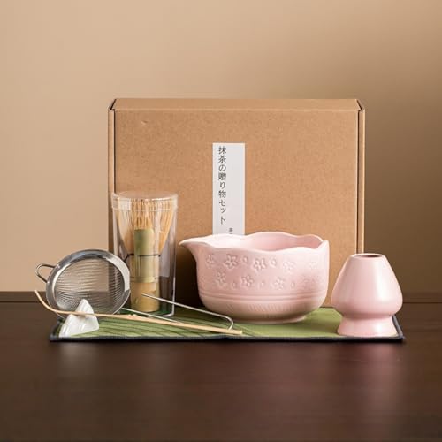 Dudass お抹茶セット 抹茶泡立て器セット 抹茶碗 百本立 茶筅 茶筅立て 茶杓 茶さじ 初心者さん向け 茶道具 茶道 伝統的工芸品 お手入れも簡単 敬老の日 父の日 母の日 クリスマス 新年 誕生日 ギフト プレゼント (ピンク,7点セット)