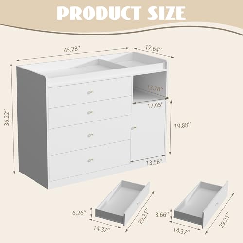Image of 45.2 inch White Nursery Dresser with 5 Drawers and 1 Open Shelf Changing Table Dresser with Changing Table Top Diaper Changing Station with Storage for Nursery Children's Room