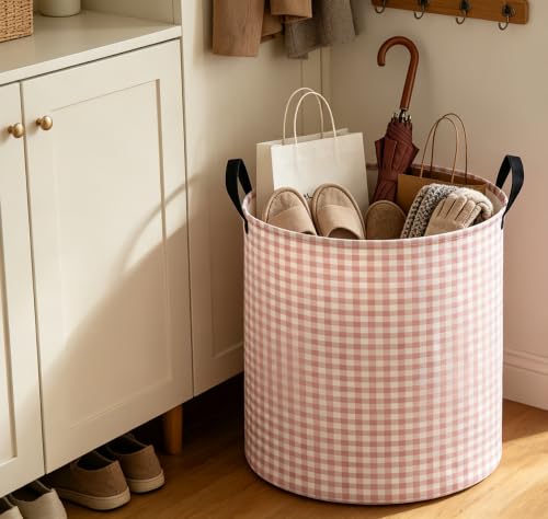 Image of 19.7 inch Laundry Basket,Dirty Clothes Hamper,Waterproof Storage Bin,Room Decor,Gift Baskets(Little Pink Grid)