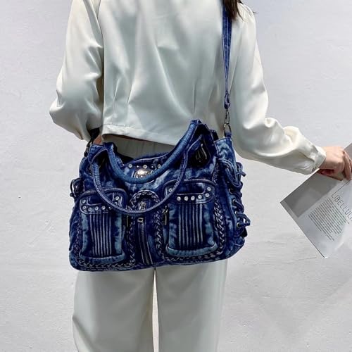 Image of Designer Denim Handbags for Women Hobo Tote Bag Crossbody Denim Purses Blue Jean Shoulder Bag