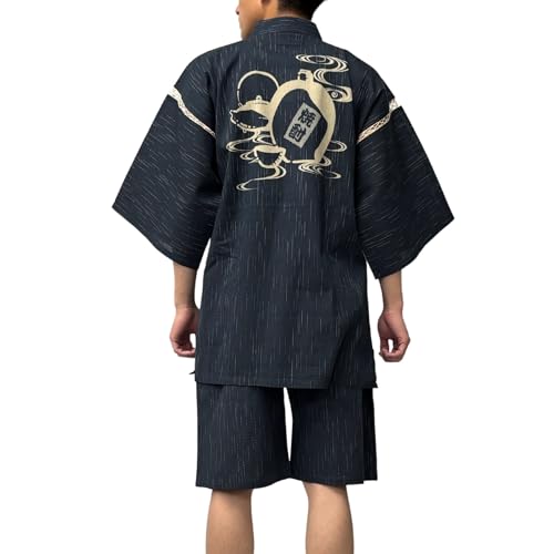 [江戸てん] 甚平 しじら織 涼しい 夏 綿100％ 抜染（ばっせん） 和柄 オリジナル柄 メンズ （焼酎瓶 黒） L