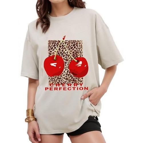 Womens Oversized Vintage Graphic Short Sleeve Tee Loose Fit Cherry Print Streetwear T Shirt Apricot Large