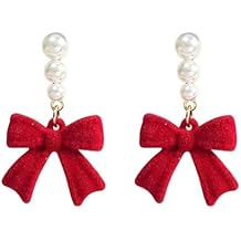 Bow Earrings for Women Pearl Stud Earrings Black Pearl Bow Dangle Drop Earring Trendy Flocking Tassel Jewelry Gifts for Women