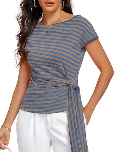 Image of HOTIAN Womens Cap Sleeve T Shirts 2026 Tie Waist Wrap Tops Crew Neck Blouses Dressy Casual Loose Work Business Dressy
