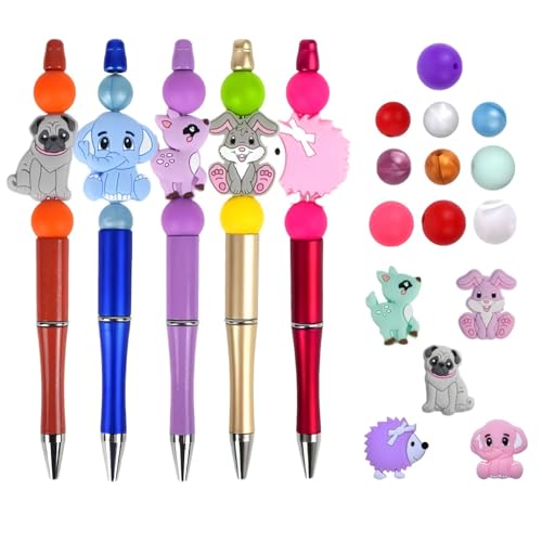 5 Set Beaded Pens Diy Pen Making Kit Black Ink Beadable Pens with 10 Silicone Beads and 5pcs Animals Charms School for Office Supplies Kids,Teens,Adults Birthday Creative Gift(Random Delivery)
