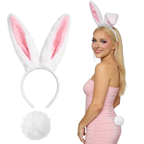 Easter Bunny Ears and Tail White Bunny Costume Adult - Long Furry Rabbit Ear Headband for Adult Women Easter Party Cosplay Costume Accessories
