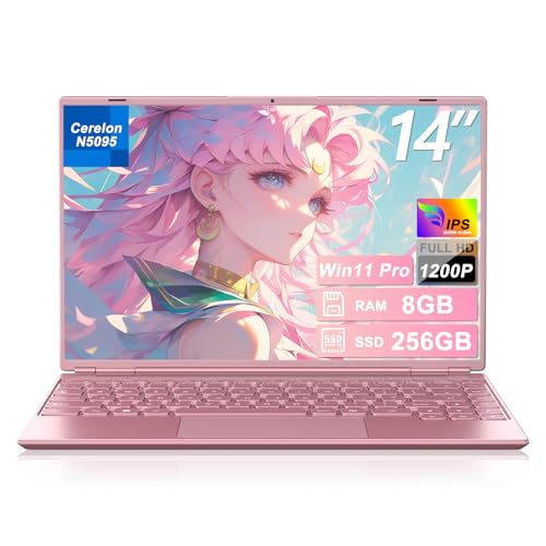 HUQPPQ 14 Laptop Celeron N5095 (Up to 2.9GHz), 8GB RAM 256GB SSD, FHD 1920×1200 IPS Display, Win 11 Pro Notebook, WiFi 5, Webcam, Lightweight Pink Laptop for Girls, Students & Daily Use