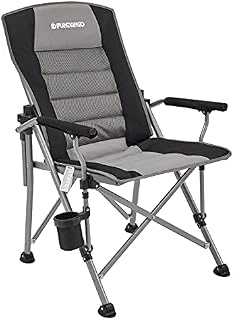 FUNDANGO Camping Chair Deluxe Folding Chair with Comfy Padded High Back Armrest Cup Holder for Outdoor Camp Chair Supports 136kg Black & Grey