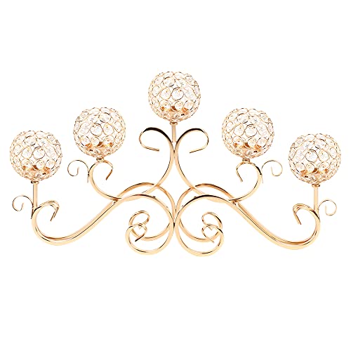 LOYALHEARTDY 5-Arm Crystal Bowl Tealight Candelabra Crystal Votive Candle Holder, Crystal Tea Light Candlestick Holder Candle Stand Ornament,Tabletop Crystal Candelabra for Wedding Party Decor,Gold