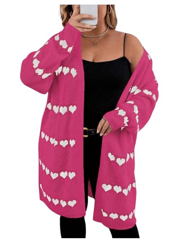 Image of MakeMeChic Women's Plus Size Long Cadigan Sweaters Casual Open Front Kint Lightweight Cadigan Heart Long Sleeve Outerwear