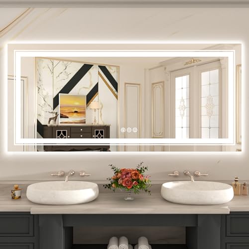 Image of WTTY LED Bathroom Mirror 60 inchx28 inch with RGB Backlit and Front Light,Stepless Dimmable LED Mirror for Bathroom,Lighted Bathroom Vanity Mirror,Anti-Fog,Memory Function,Shatter-Proof,Wall Mounted