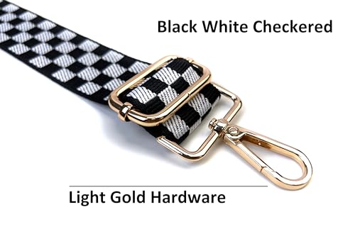 Image of Black White Checkered Purse Strap with Light Gold Hardware 1-1 /2 Inch Wide Replacement Crossbody Guitar Style Shoulder Strap for Handbags Totes